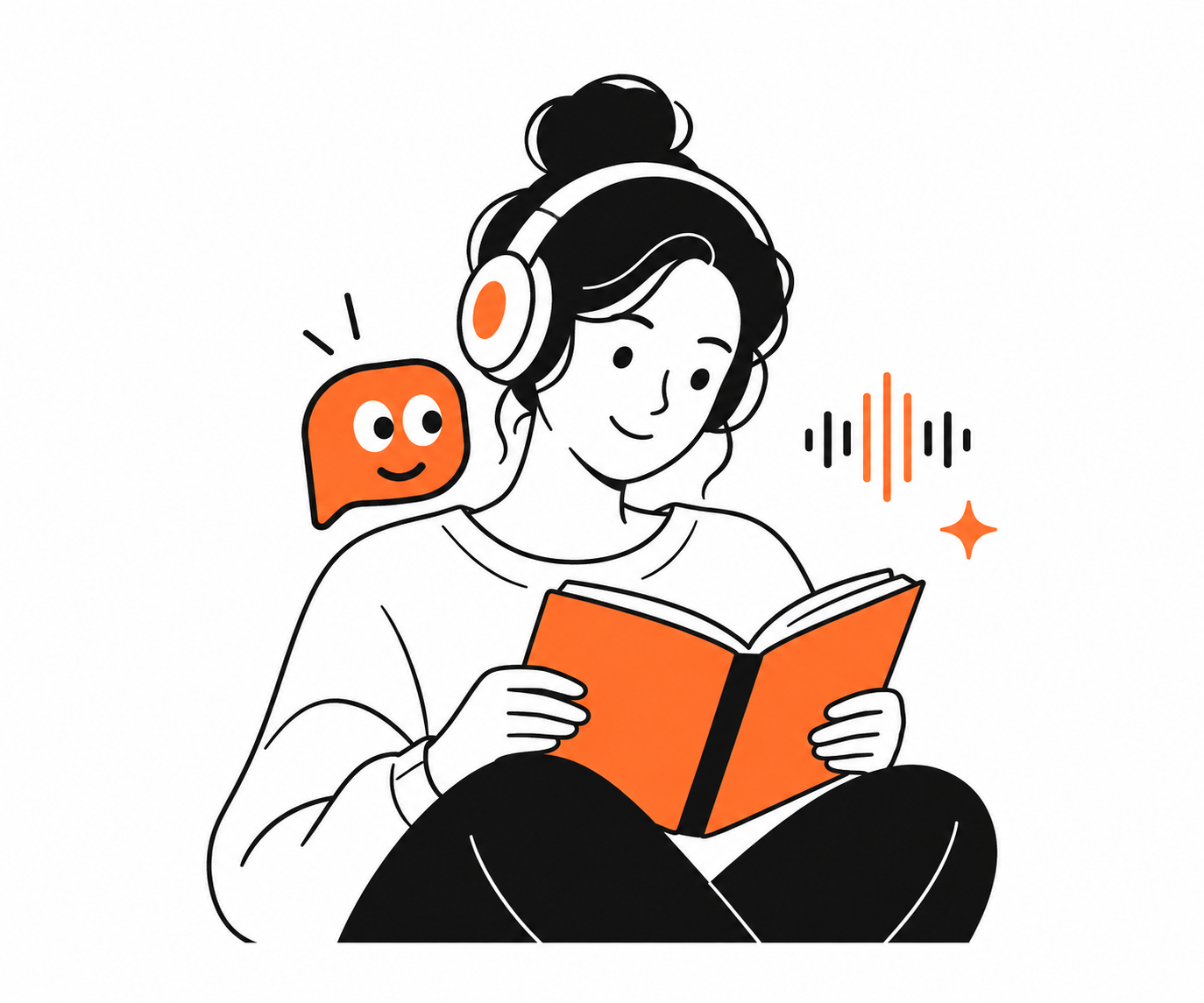 Ono keeping a learner company as they read and listen with headphones